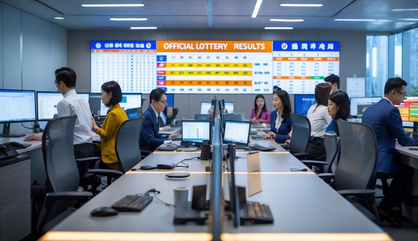 Sejumlah profesional bekerja di kantor modern dengan beberapa layar komputer yang menampilkan data dan hasil lotere resmi Hong Kong.