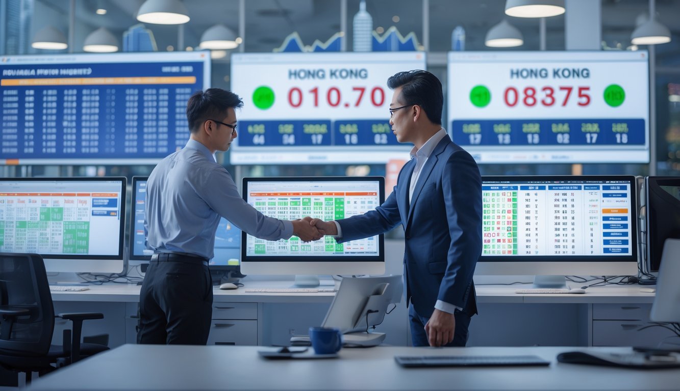 Seorang profesional sedang bekerja dengan beberapa layar komputer yang menampilkan data dan hasil lotre secara real-time, dengan latar belakang kota Hong Kong.