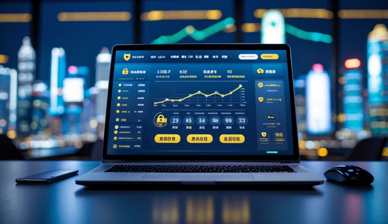 Sebuah meja kerja dengan komputer yang menampilkan antarmuka situs judi online yang aman, dengan latar belakang siluet kota Hong Kong pada malam hari.