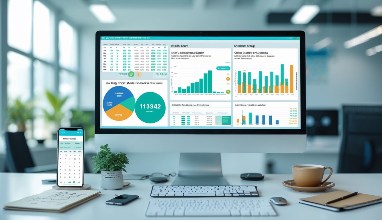 Seorang profesional sedang bekerja di depan komputer dengan grafik dan data terkait lotere Hong Kong di sebuah kantor modern.