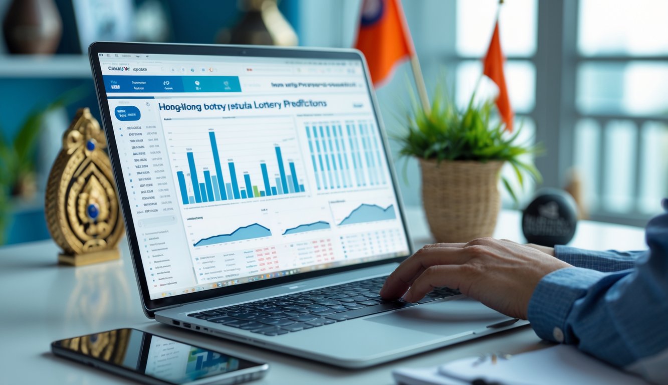 Seseorang sedang menganalisis data lotere Hong Kong secara online di meja kerja dengan laptop dan ponsel.