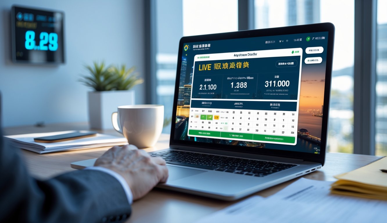 Seorang pria menggunakan laptop di meja kerja dengan tampilan undian langsung dan hasil terbaru di layar.