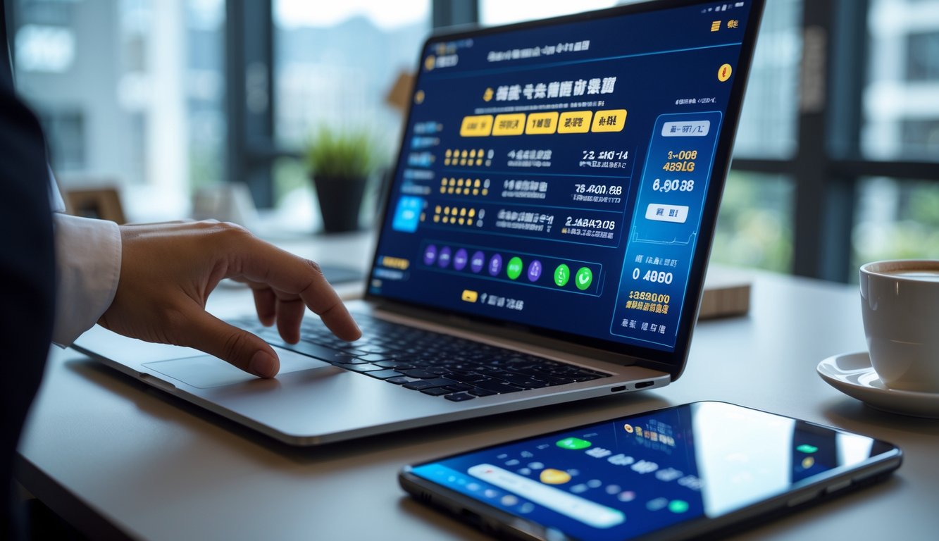 Seseorang menggunakan laptop di meja kerja modern yang menampilkan hasil undian togel Hong Kong secara langsung dengan suasana kantor yang rapi dan terang.