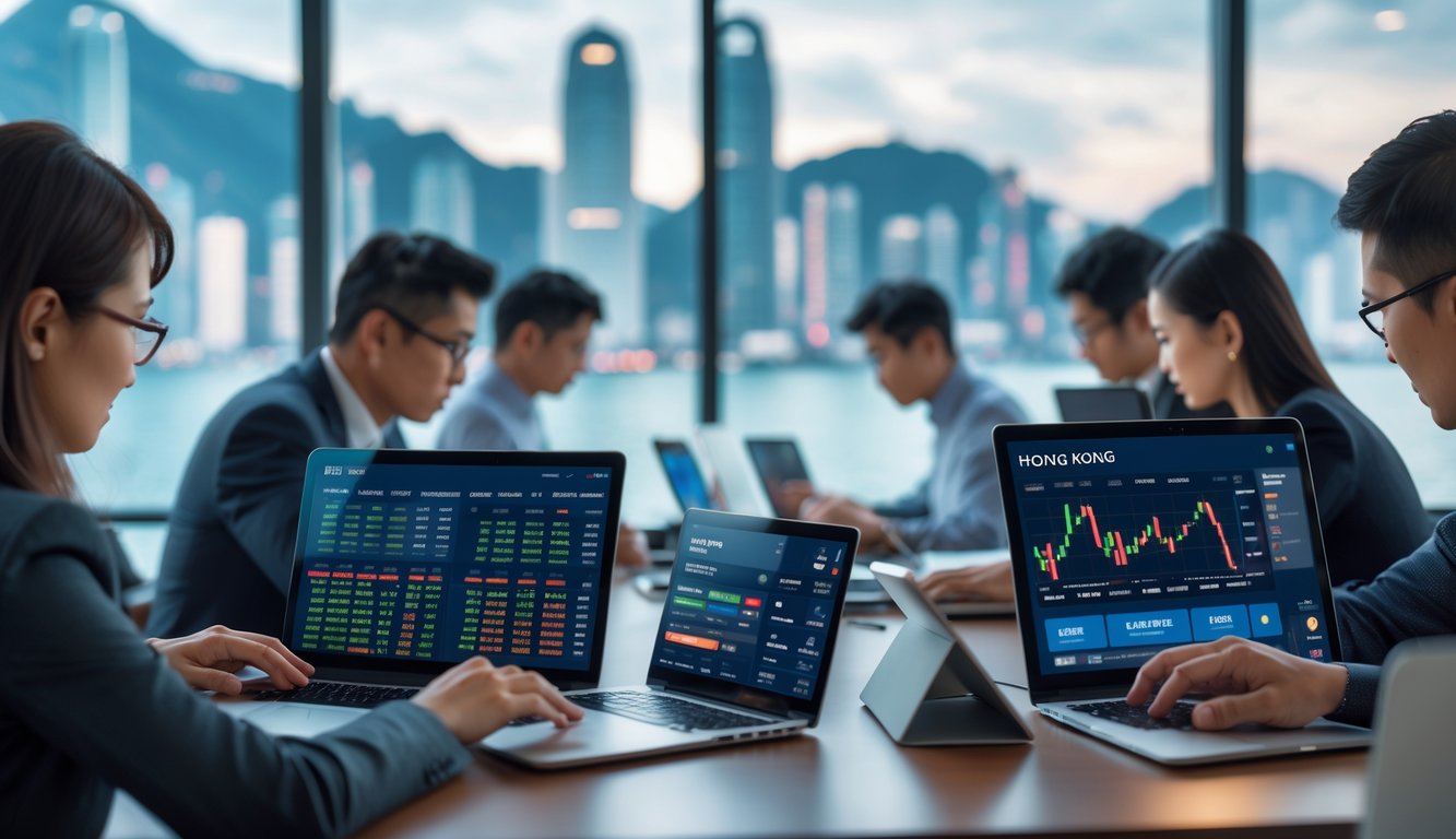 Beberapa orang menggunakan perangkat digital di ruang modern dengan latar belakang kota Hong Kong.