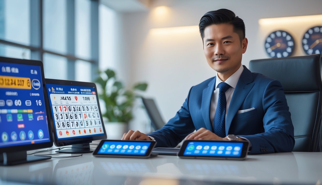 Seorang pria Asia duduk di meja dengan perangkat digital menampilkan angka lotere Hong Kong, di ruang kantor modern dengan pencahayaan lembut.