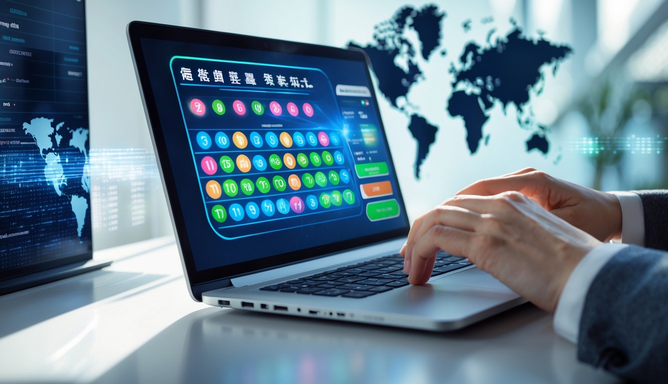 Seseorang menggunakan laptop di meja kerja modern dengan tampilan angka lotre dan peta Hong Kong di latar belakang.