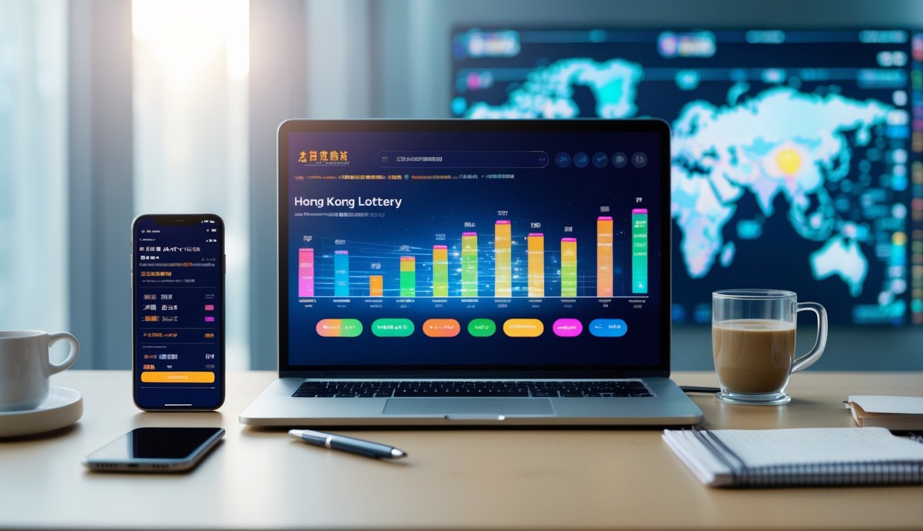 Meja kerja modern dengan laptop yang menampilkan situs hasil lotere Hong Kong, ponsel, secangkir kopi, dan buku catatan.