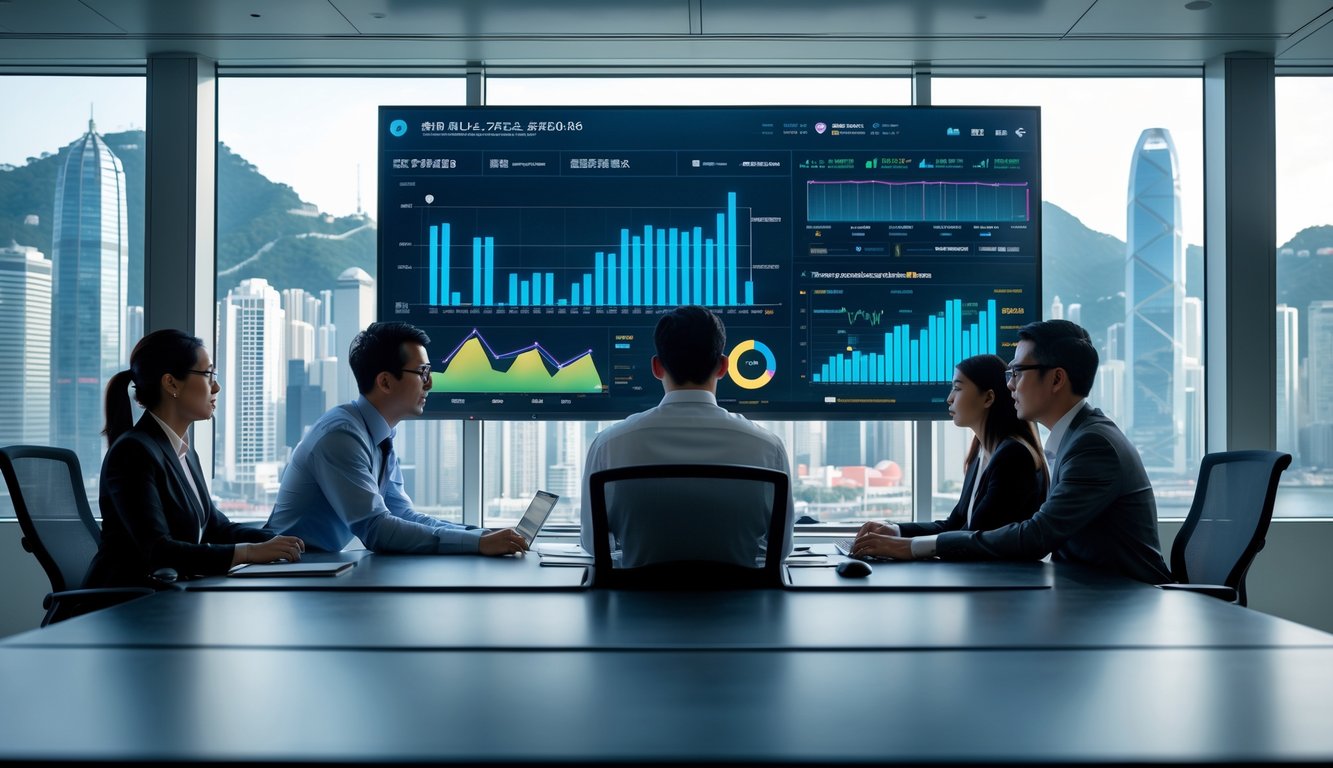 Sekelompok profesional bekerja bersama di kantor modern dengan layar digital besar menampilkan grafik dan data, dengan latar belakang pemandangan kota Hong Kong.