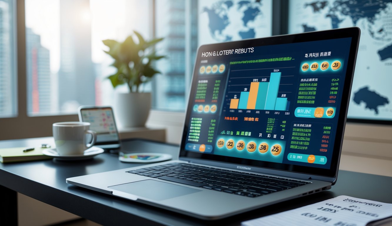 Meja kerja modern dengan laptop yang menampilkan data hasil lotere Hong Kong dan perangkat digital lainnya.