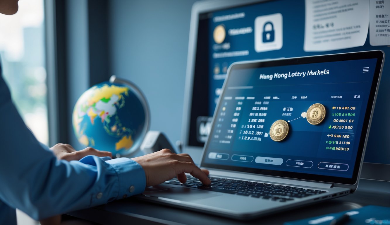 Seorang pria menggunakan laptop di meja kerja modern dengan tampilan antarmuka lotere digital dan peta Hong Kong di layar.