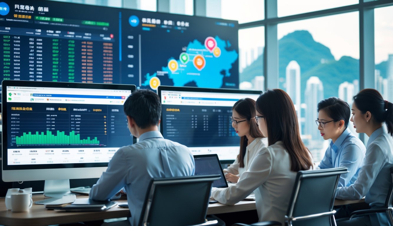 Sejumlah profesional sedang bekerja di kantor modern dengan layar komputer menampilkan data hasil live dan grafik, dengan latar belakang peta Hong Kong.