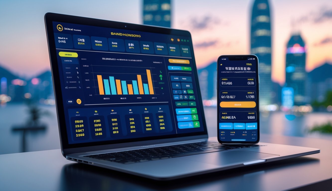 Sebuah meja kerja modern dengan laptop dan ponsel yang menampilkan hasil undian langsung dan data lengkap, dengan latar belakang kota Hong Kong yang samar.