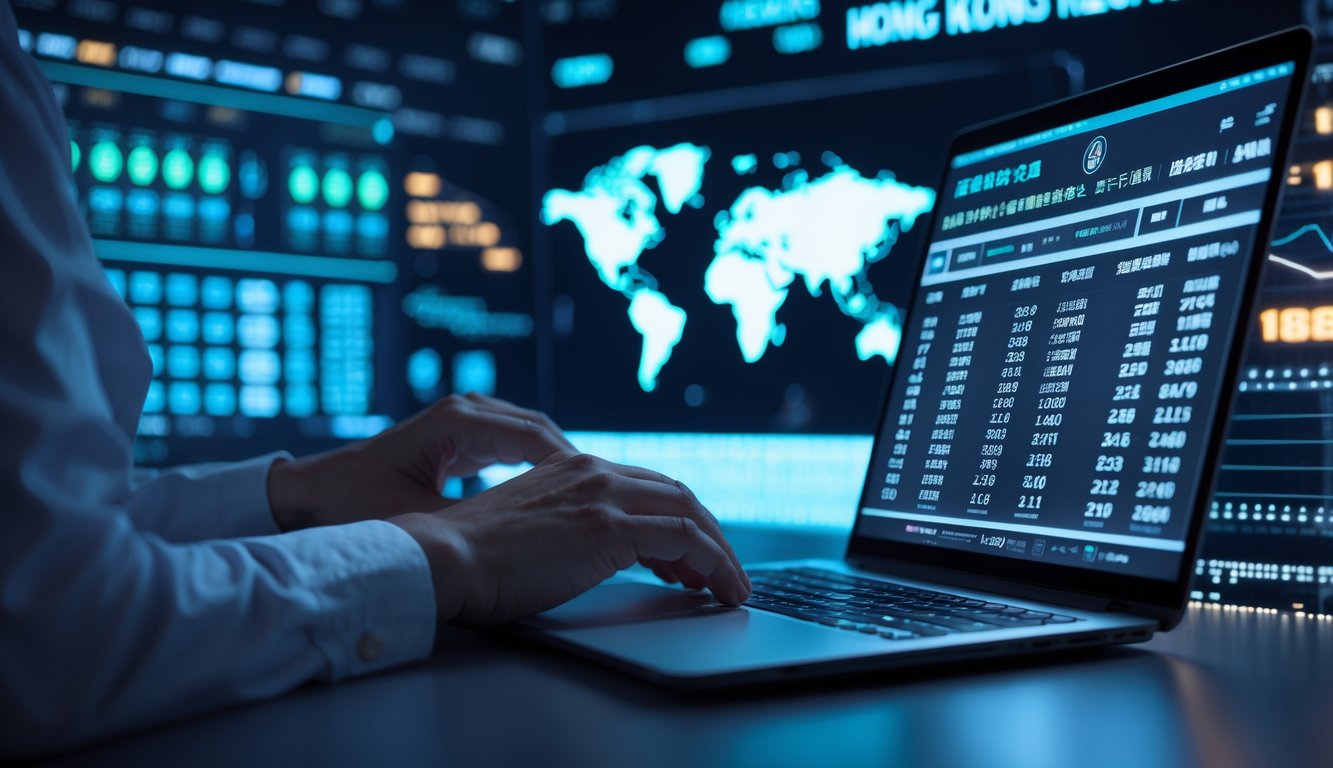 Seseorang sedang menggunakan laptop di ruang kerja modern dengan grafik data dan peta Hong Kong di latar belakang.