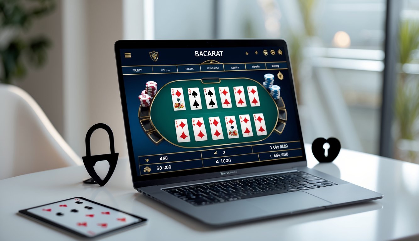 Seorang pemain menggunakan komputer dengan tampilan permainan baccarat online yang aman dan terpercaya di meja kerja yang rapi.