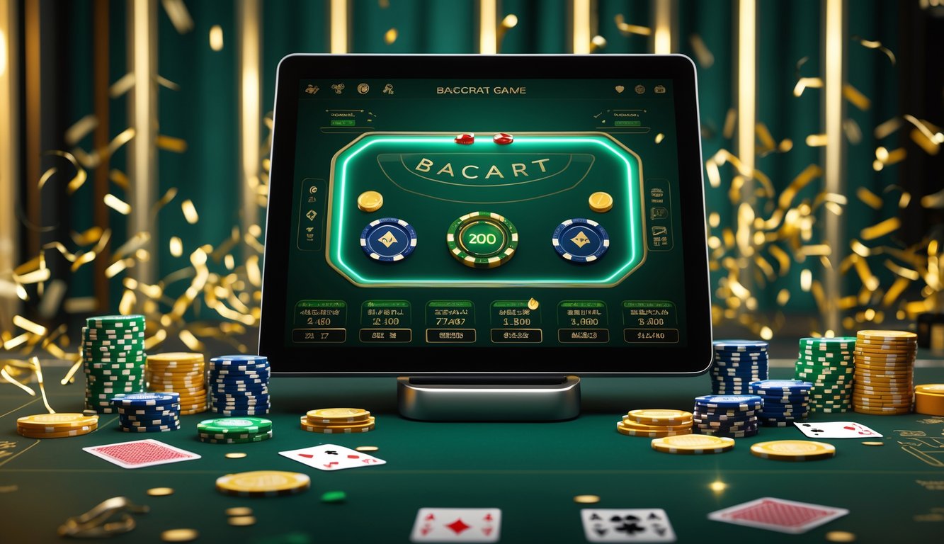 Sebuah layar perangkat digital menampilkan permainan baccarat online dengan kartu dan chip di atas meja yang elegan dan modern.