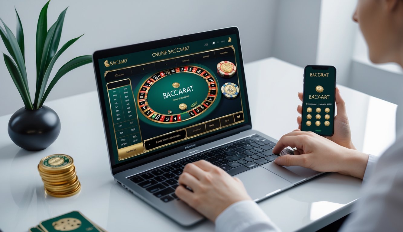 Orang sedang menggunakan laptop dan ponsel untuk bermain baccarat online di meja kerja yang rapi dan terang.