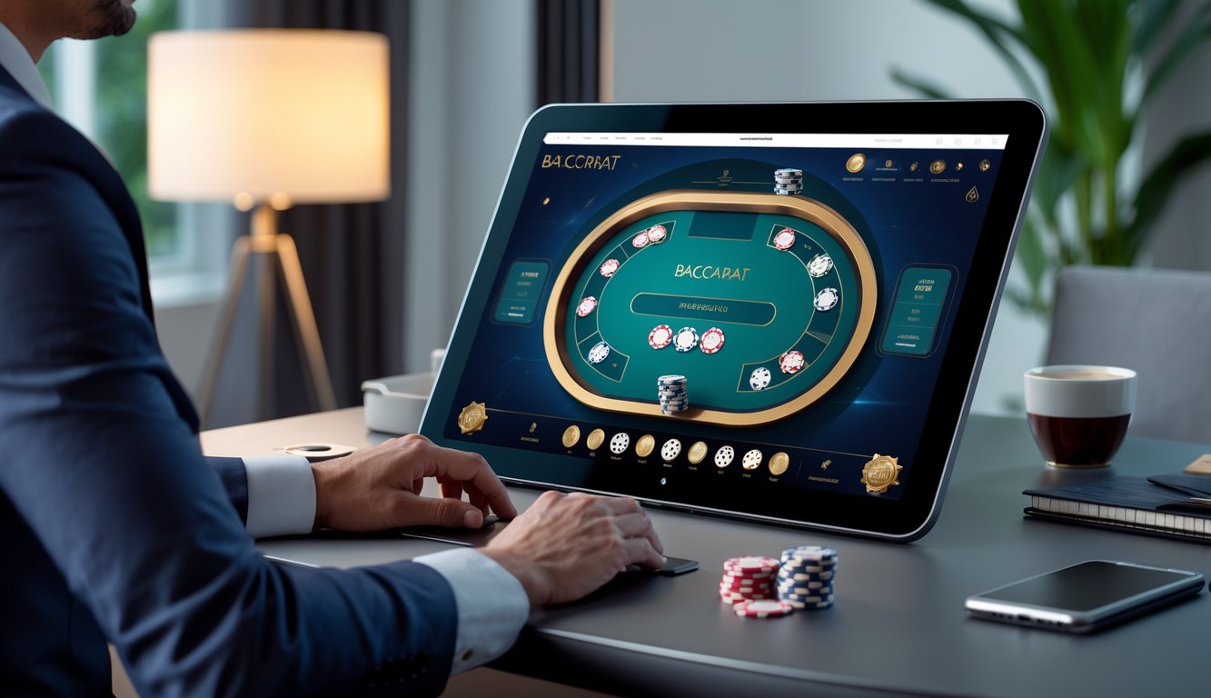 Seorang pemain dewasa menggunakan perangkat digital untuk bermain baccarat online di ruangan yang nyaman dan modern.