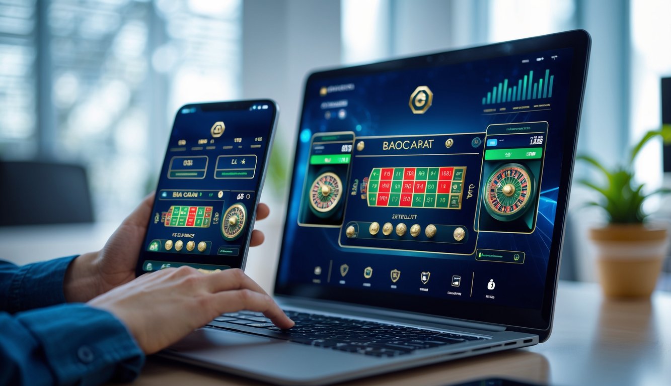 Seseorang menggunakan laptop dan ponsel dengan tampilan permainan baccarat online di layar dalam ruangan kantor yang terang dan modern.