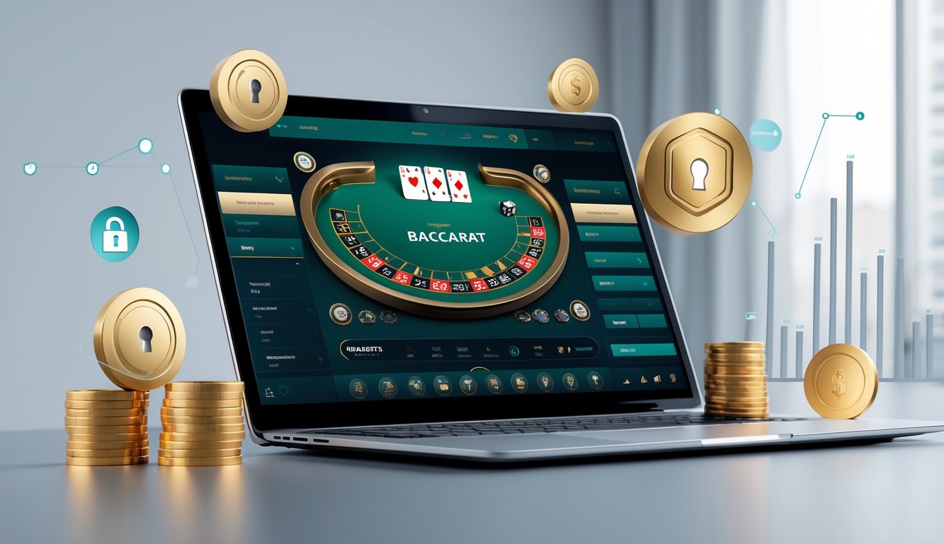 Seorang pengguna menggunakan komputer dengan tampilan permainan baccarat online, dikelilingi ikon pembayaran digital dan simbol keamanan.