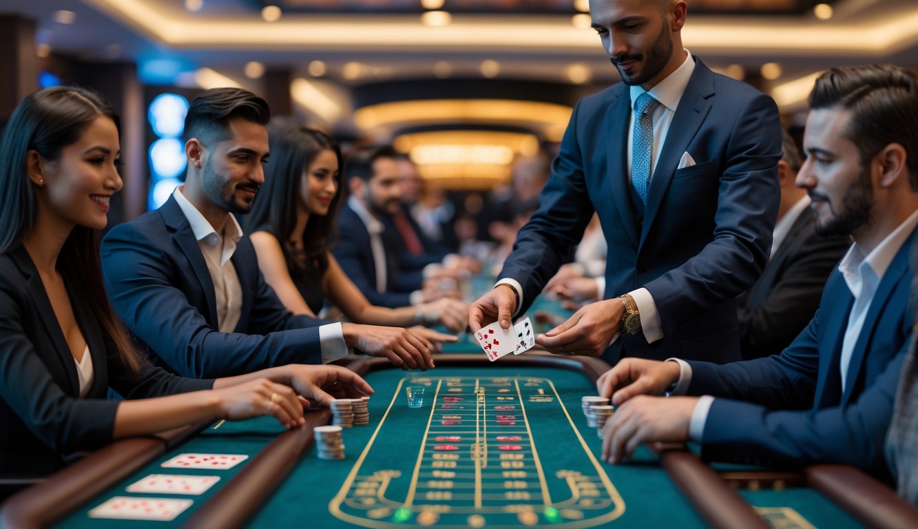 Meja baccarat di kasino dengan dealer dan beberapa pemain yang sedang bermain kartu.