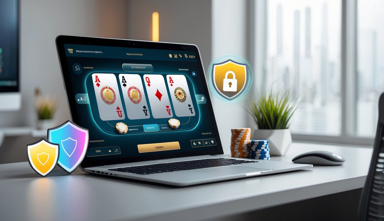 Seorang pengguna sedang bermain baccarat online di komputer dengan tampilan kartu dan chip, di lingkungan kerja yang rapi dan terang.
