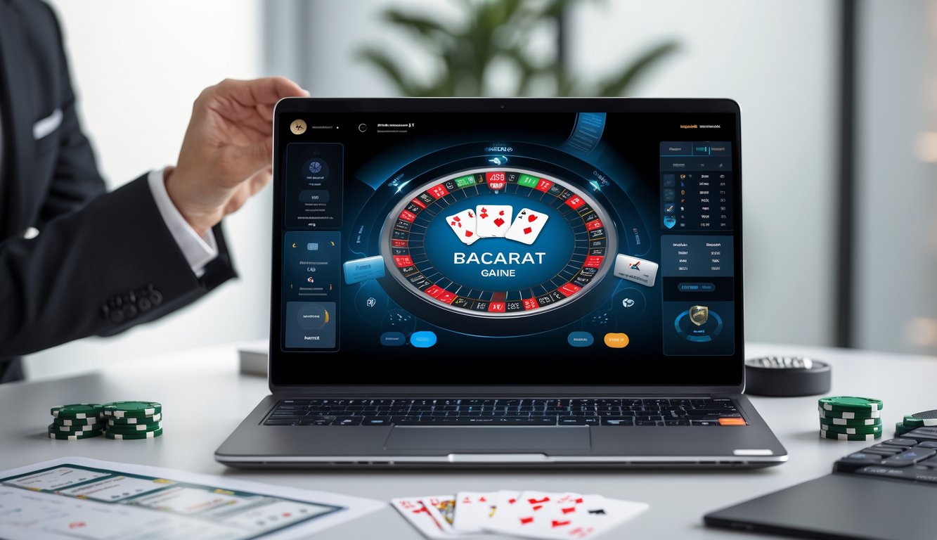 Seorang pemain sedang bermain baccarat online di komputer dengan suasana profesional dan perangkat modern.