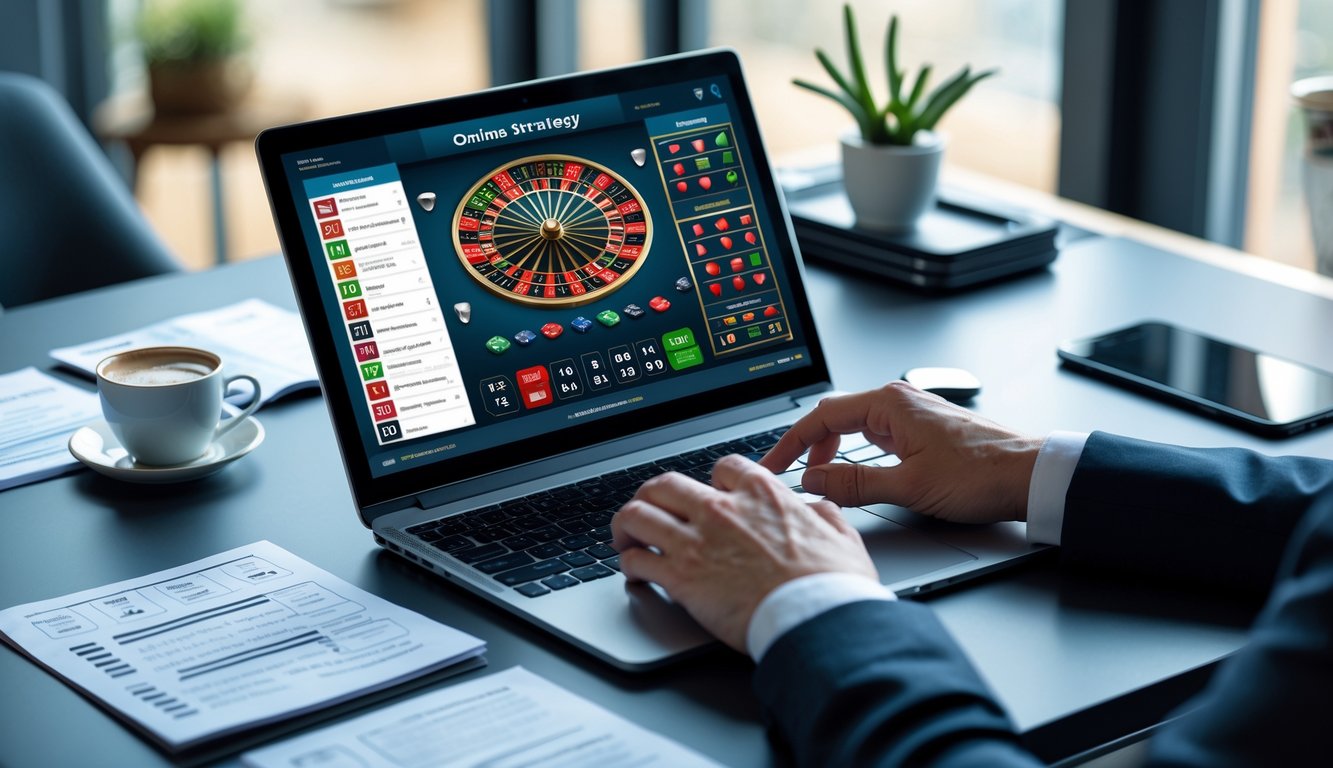 Meja kerja modern dengan laptop yang menampilkan permainan baccarat online dan tangan seseorang yang sedang menggunakan laptop, dikelilingi oleh catatan dan ponsel di atas meja.