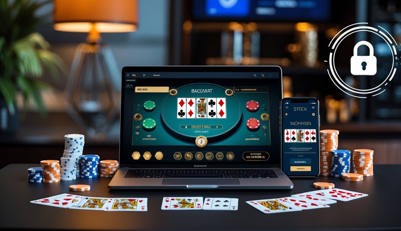 Meja kerja modern dengan laptop menampilkan permainan baccarat online, dikelilingi chip poker dan kartu, serta ponsel dengan ikon keamanan dan bendera Indonesia.