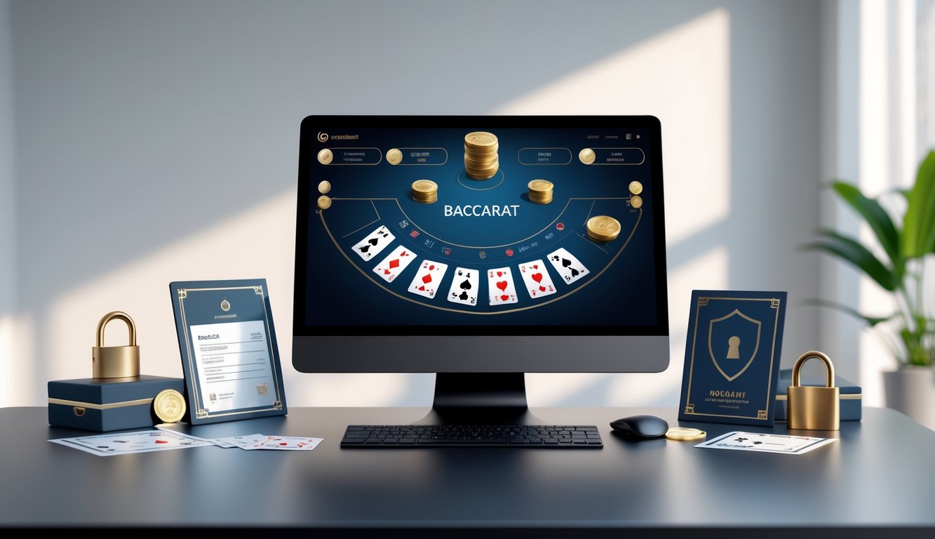 Seorang pengguna sedang bermain baccarat online di komputer dengan suasana kerja yang rapi dan aman.
