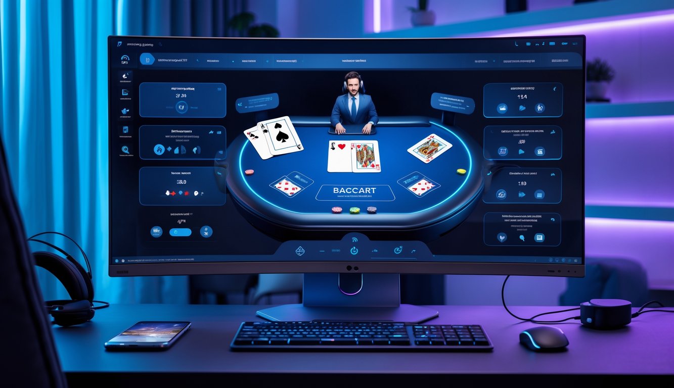 Seorang pemain menggunakan komputer dengan tampilan permainan baccarat online yang modern di ruangan yang terang dan rapi.