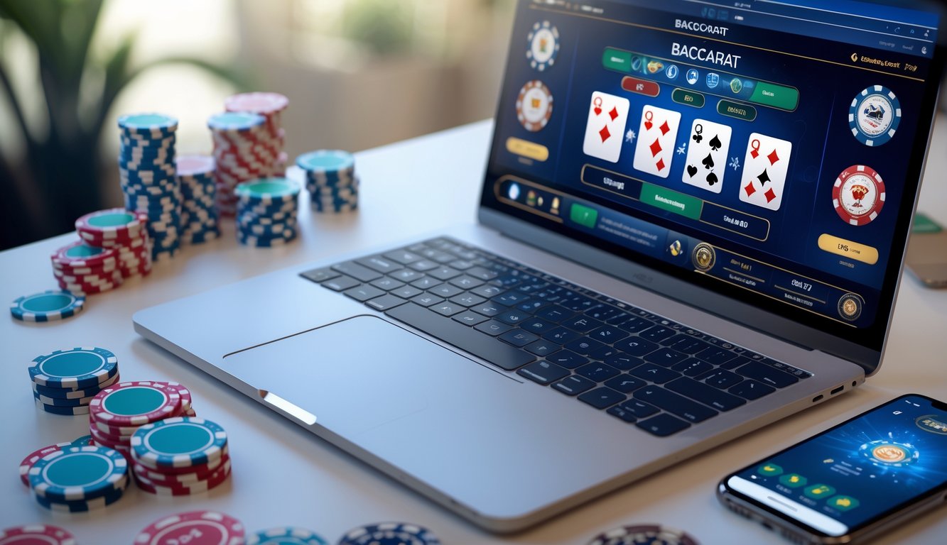 Meja kerja dengan laptop yang menampilkan permainan baccarat online, dikelilingi oleh chip poker dan kartu remi.