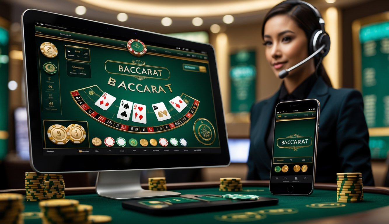 Suasana kasino online dengan layar komputer dan ponsel menampilkan permainan baccarat, serta seorang staf layanan pelanggan dengan headset di latar belakang.