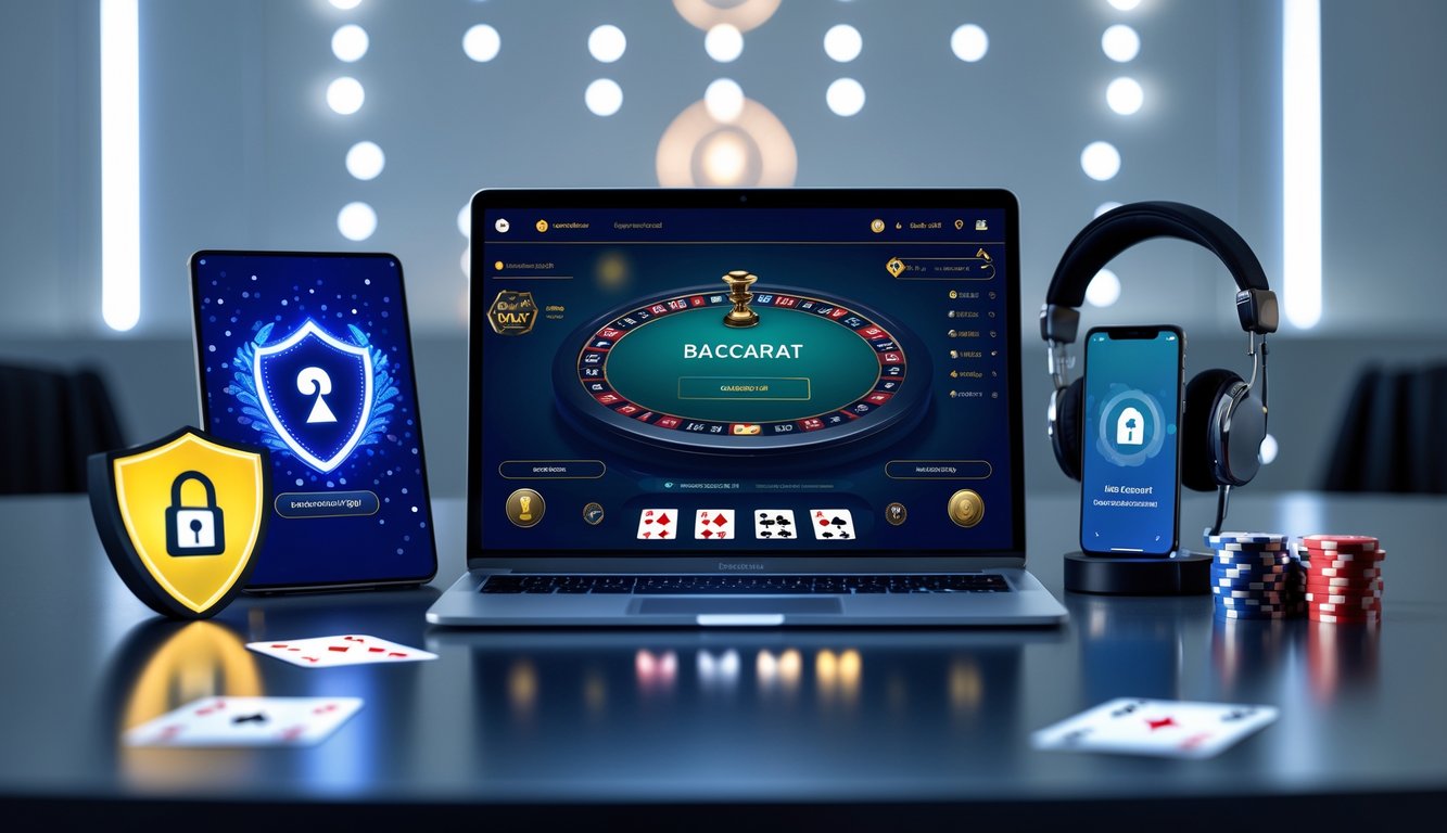 Seorang profesional menggunakan laptop dengan tampilan permainan baccarat online, dikelilingi simbol keamanan dan layanan pelanggan 24 jam.