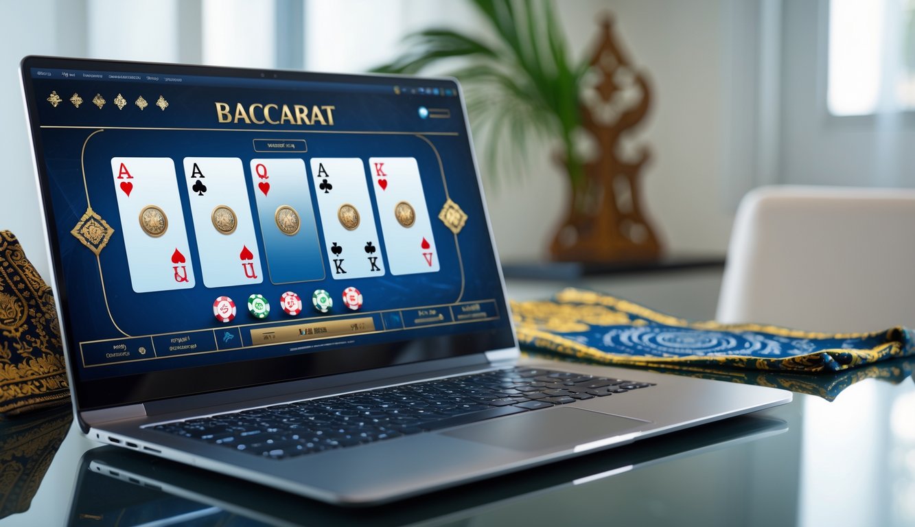 Seorang pemain sedang menggunakan komputer dengan tampilan permainan baccarat online di layar, di sebuah ruangan yang rapi dengan dekorasi tradisional Indonesia.