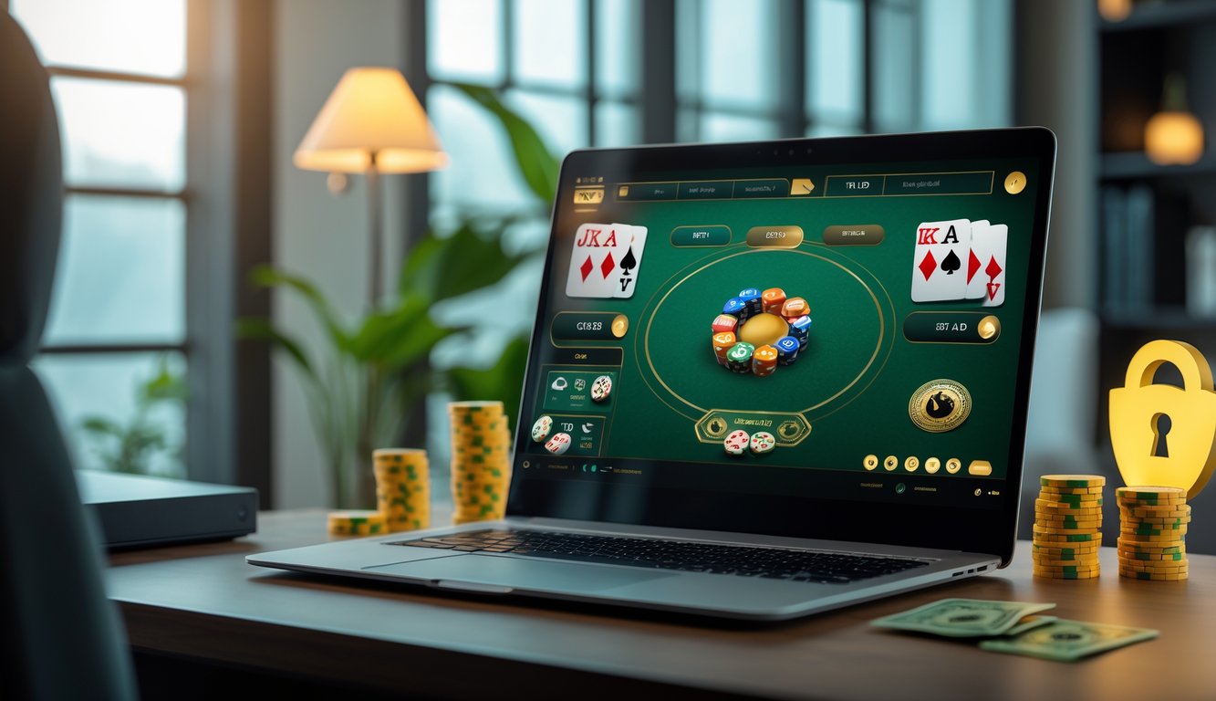 Seorang pemain sedang menggunakan komputer dengan tampilan permainan baccarat online di layar dalam ruangan yang terang dan nyaman.