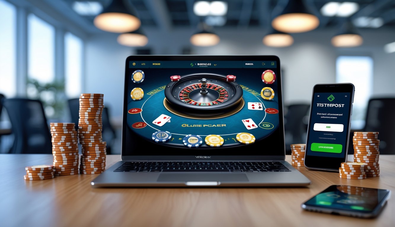 Seorang pemain poker online menggunakan laptop dengan chip poker di meja dan ponsel yang menunjukkan konfirmasi deposit cepat.