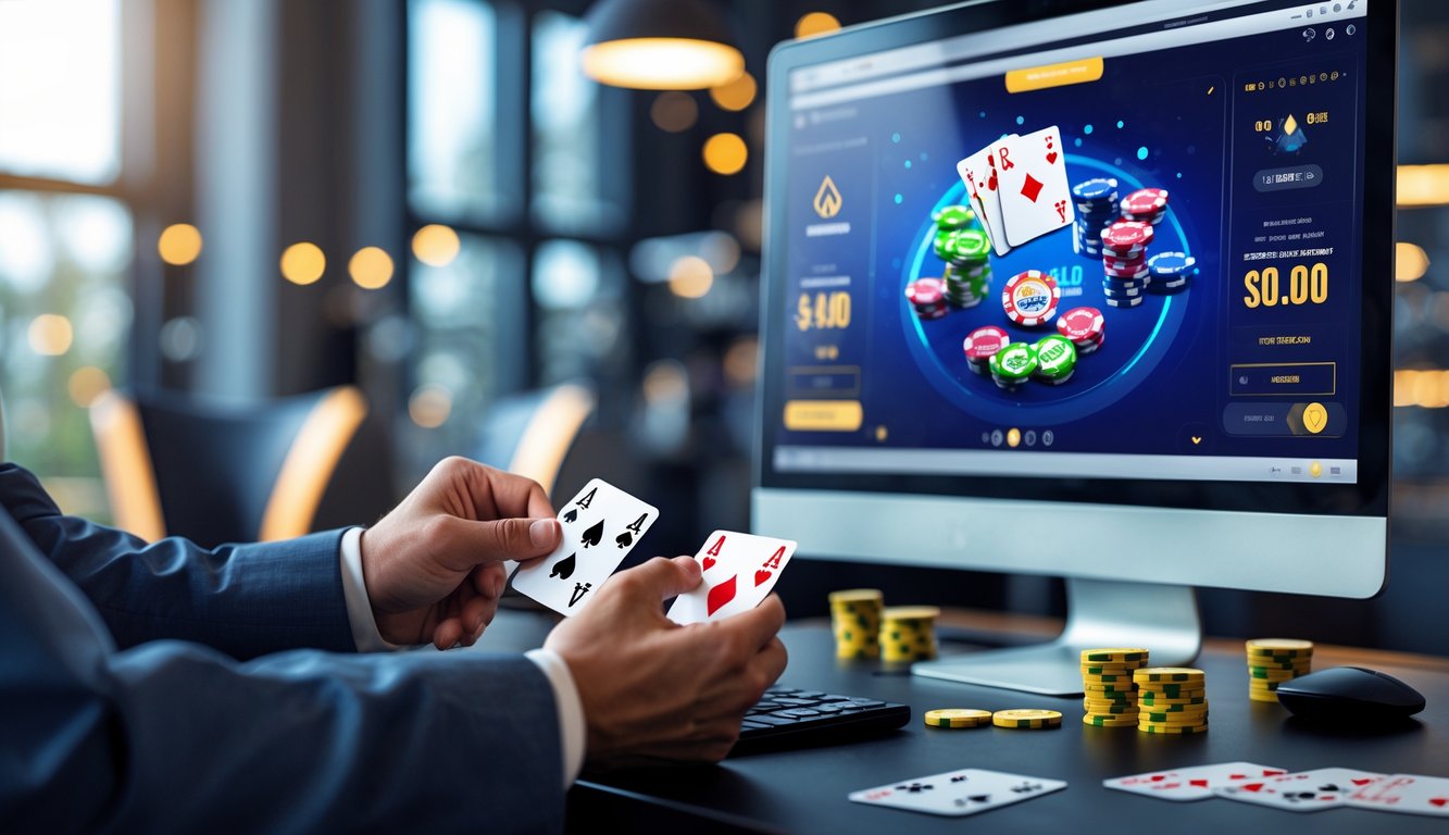 Seseorang sedang bermain poker online di depan komputer dengan tumpukan chip dan kartu di meja.