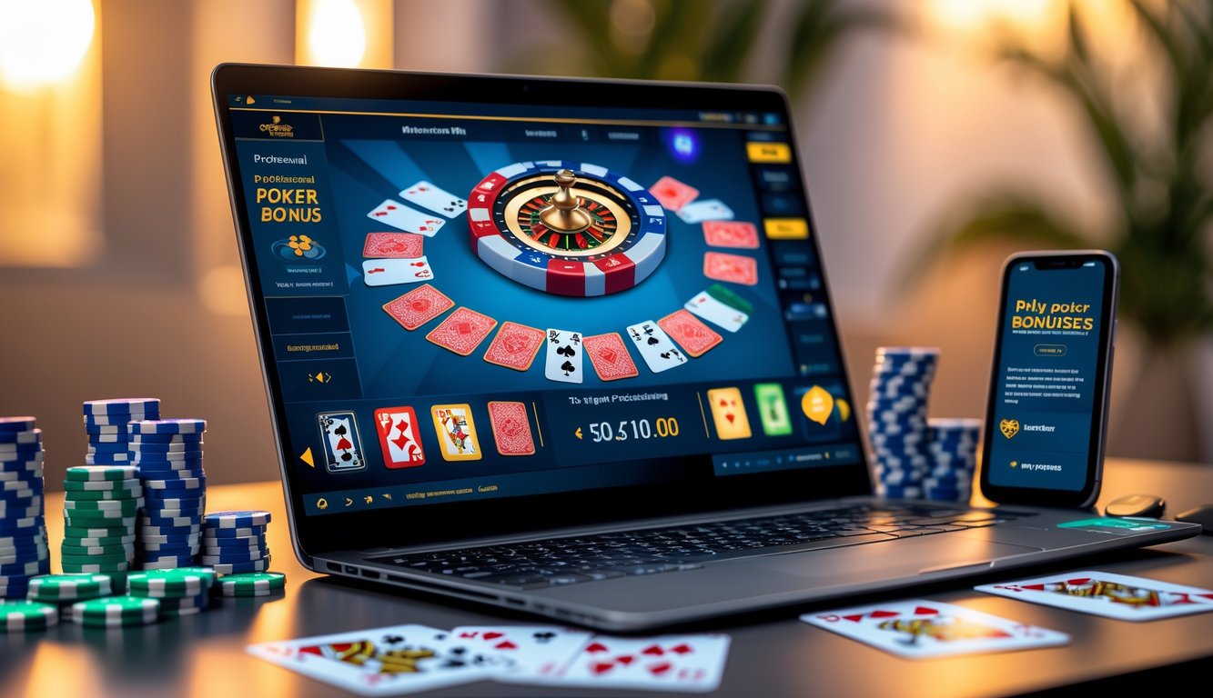 Sebuah meja dengan komputer dan perangkat yang menampilkan permainan poker online, dikelilingi oleh chip poker dan kartu remi.