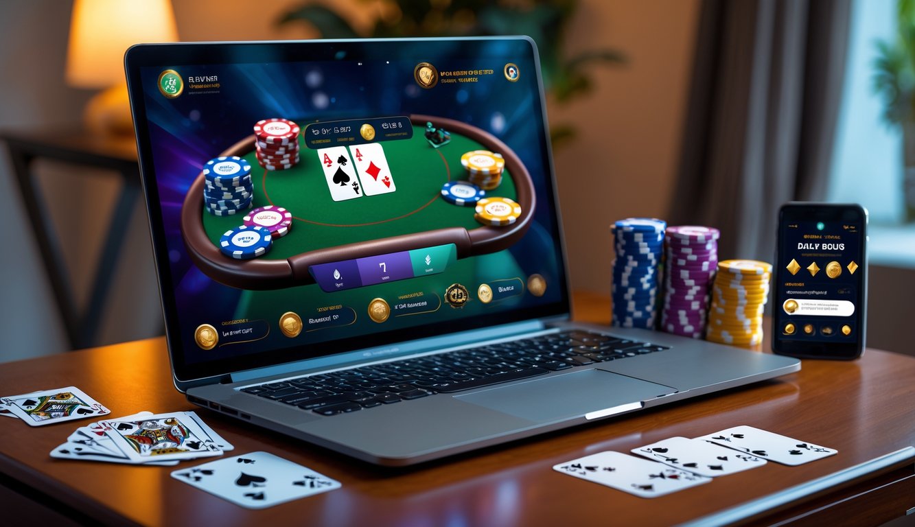 Sebuah laptop menampilkan permainan poker online dengan tumpukan chip dan kartu remi di atas meja kayu, serta ponsel yang menunjukkan pemberitahuan bonus harian.