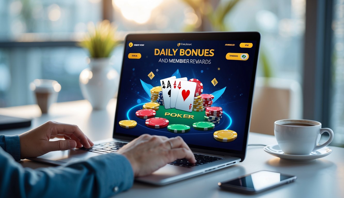 Seseorang bermain poker online di depan komputer dengan chip dan kartu poker di layar.