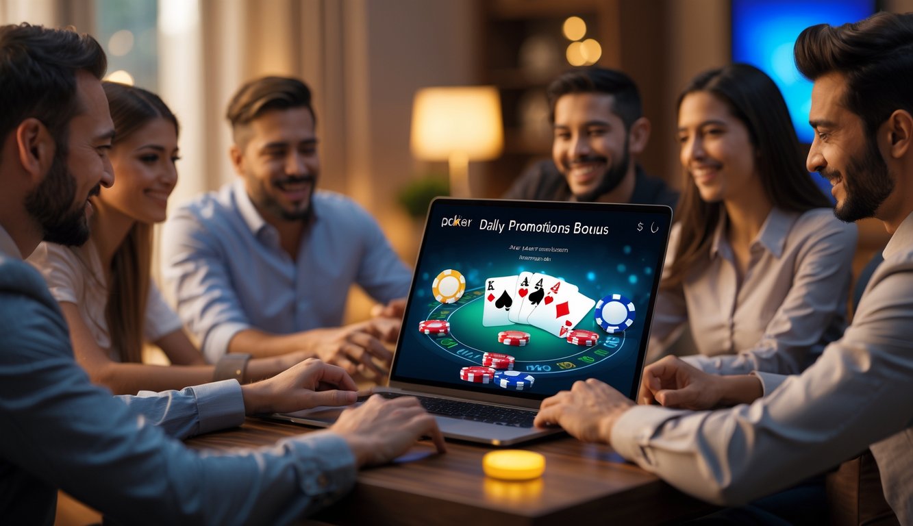 Beberapa orang berkumpul di sekitar meja dengan perangkat digital menampilkan permainan poker online dan suasana yang hangat dan menarik.