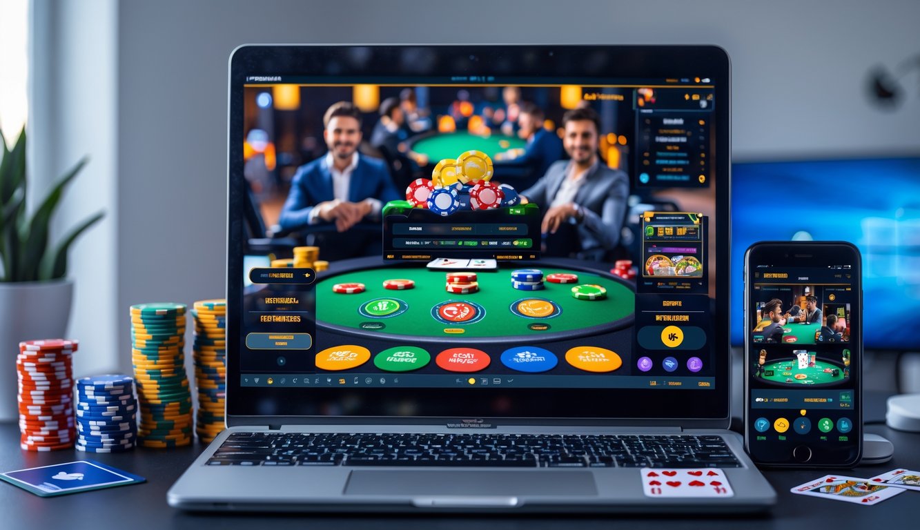 Seorang pemain poker online menggunakan laptop dengan kartu dan chip poker di meja, menunjukkan suasana permainan poker digital yang aktif.
