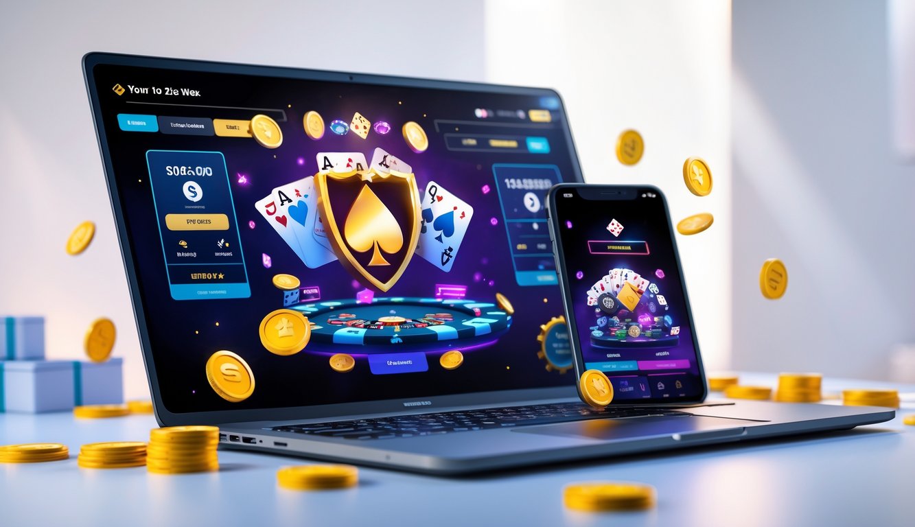 Seorang pemain menggunakan laptop dan ponsel pintar untuk bermain poker online dengan tampilan kartu dan chip di layar.