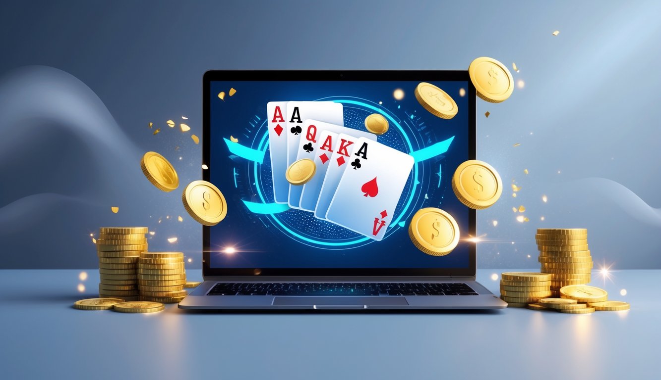 Sebuah meja dengan komputer menampilkan permainan poker online dengan kartu dan chip, dikelilingi oleh koin emas dan efek cahaya yang menggambarkan bonus harian.