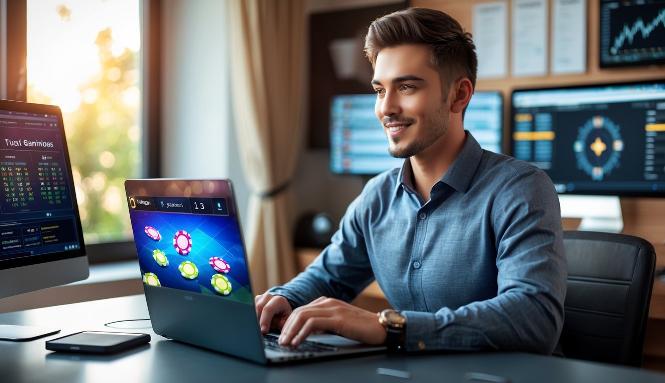 Seorang pria muda duduk di meja dengan laptop yang menampilkan permainan poker online, terlihat fokus dan percaya diri di ruang kerja rumah yang terang.