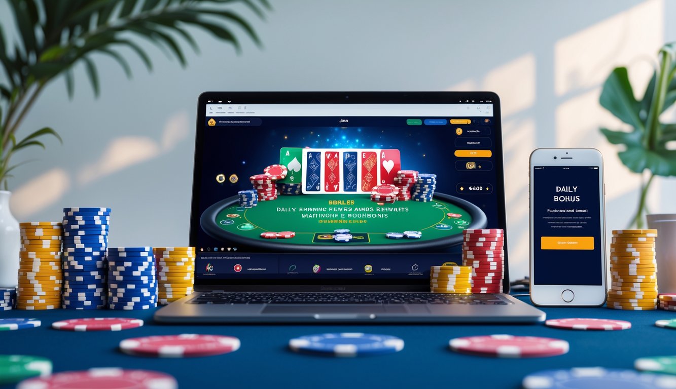 Seorang pemain poker online menggunakan laptop dengan tumpukan chip poker dan kartu bermain di meja, menunjukkan suasana permainan poker online dan bonus harian.