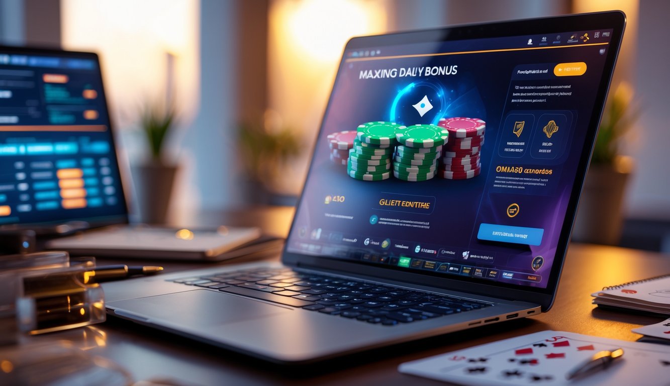 Seorang pemain duduk di depan laptop yang menampilkan permainan poker online dengan chip dan kartu, di meja terdapat buku catatan dan ponsel, suasana kerja yang fokus dan hangat.