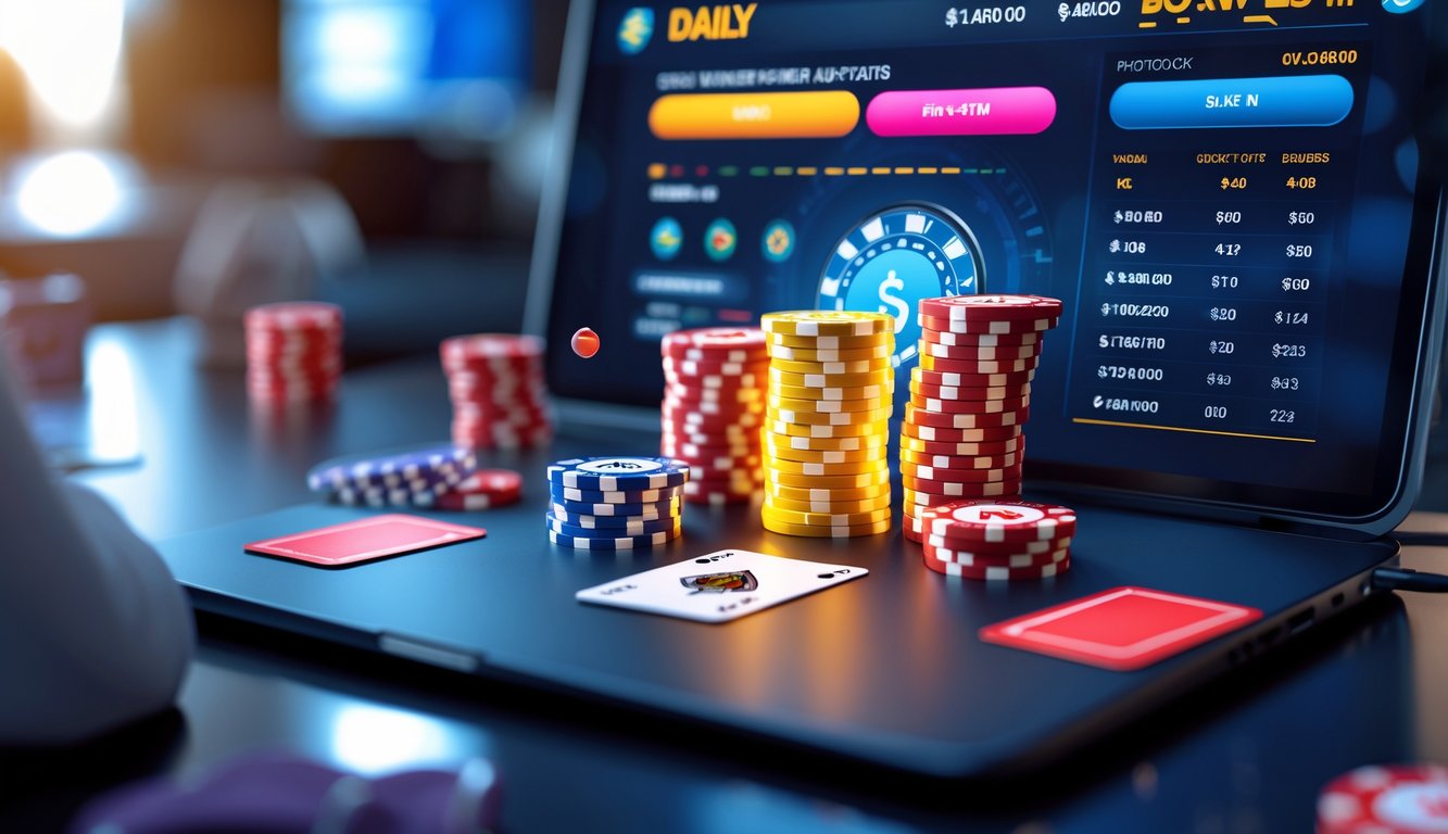 Seseorang bermain poker online dengan tampilan layar komputer yang menampilkan chip poker dan kartu bermain.