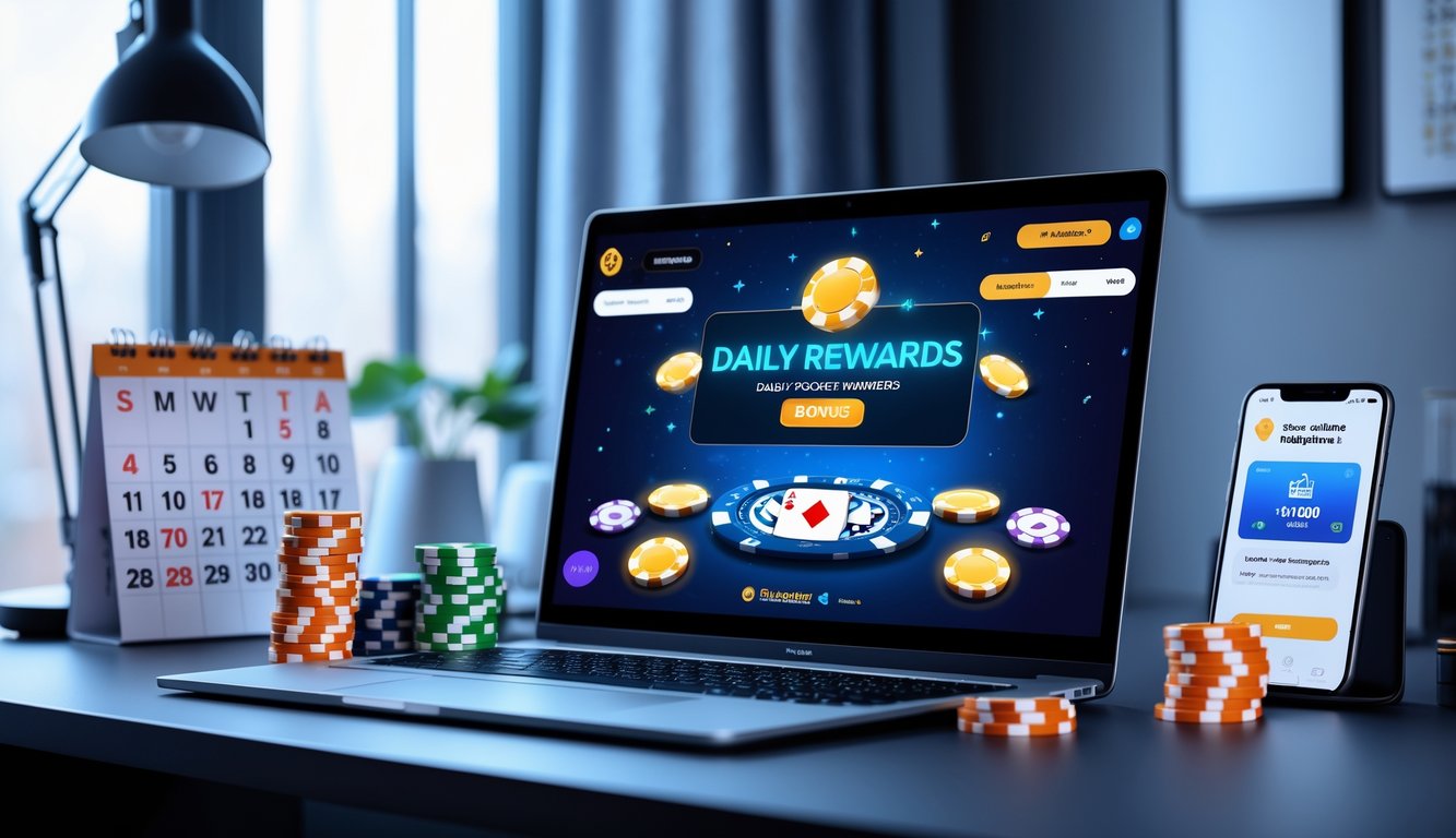 Sebuah meja kerja dengan komputer menampilkan permainan poker online, dikelilingi oleh tumpukan chip poker dan kalender yang menandai hari-hari bonus.