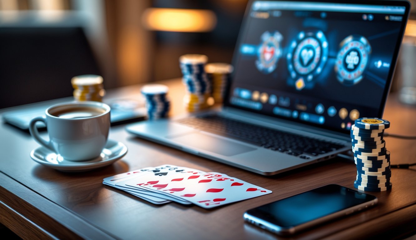 Meja poker dengan kartu remi, tumpukan chip poker, laptop, kopi, dan ponsel di atas meja.